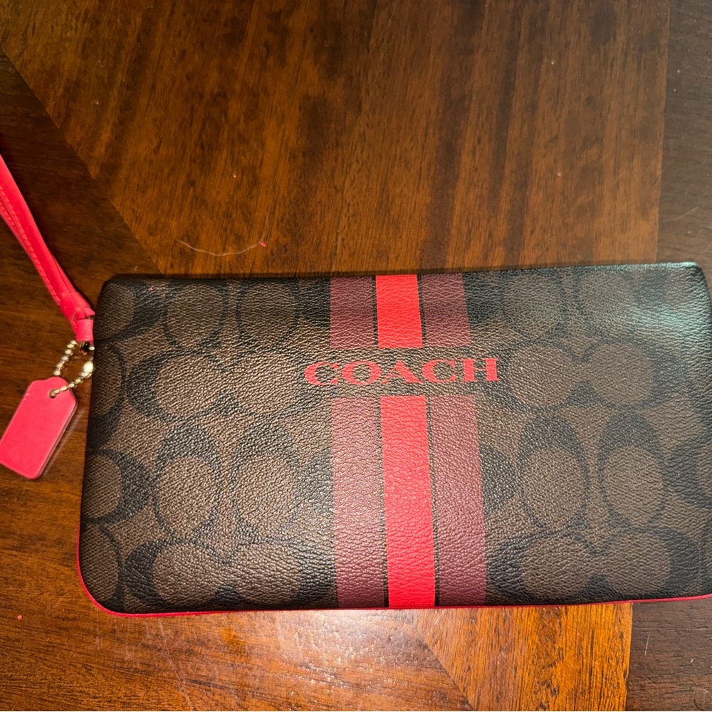 Coach Varsity Stripe Large Wristlet in Signature Brown and Red